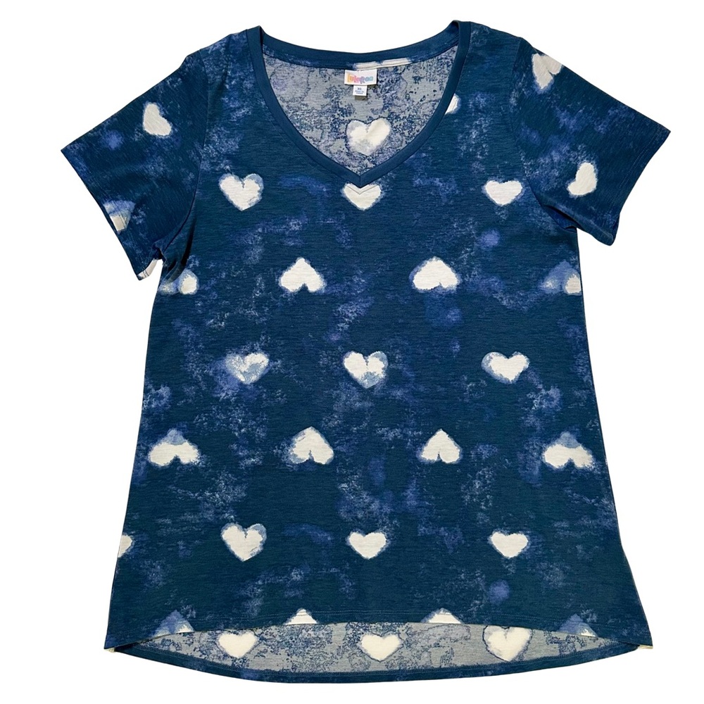 LuLaRoe Navy Blue Short Sleeve V-Neck Heart Print Tee